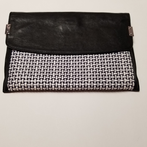 Stuart Weitzman Leather Clutch with Fold-Over Flap, Black/White - Picture 2 of 11
